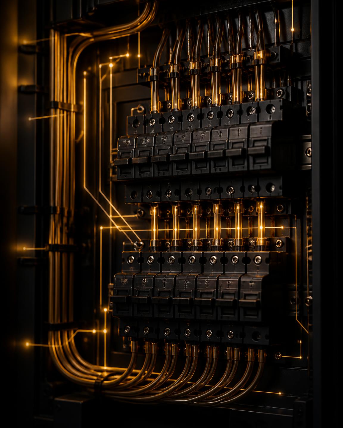 Quadro elettrico con interruttori e cablaggi ordinati, illuminato da luce calda (immagine esempio)